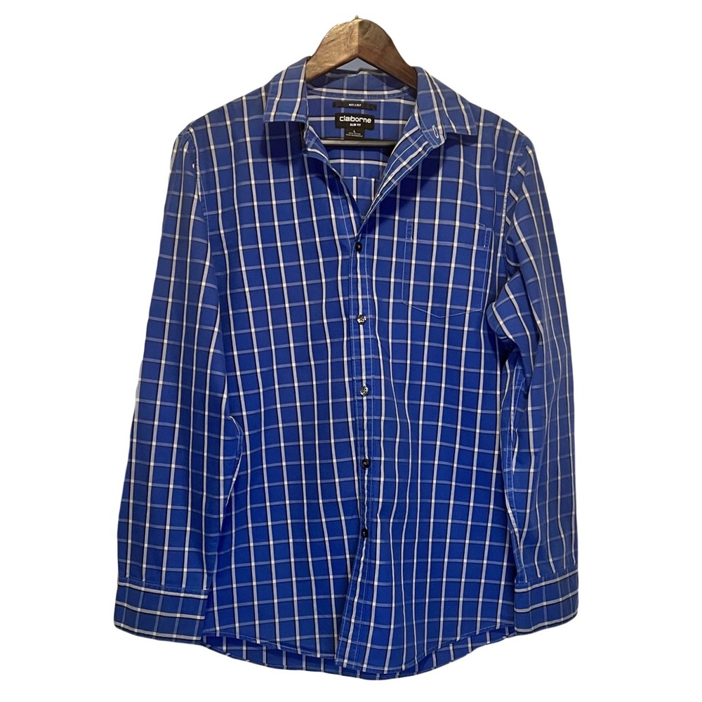 Claiborne Blue White Plaid Button Down Shirt Mens Large Slim Fit Cotton Casual D